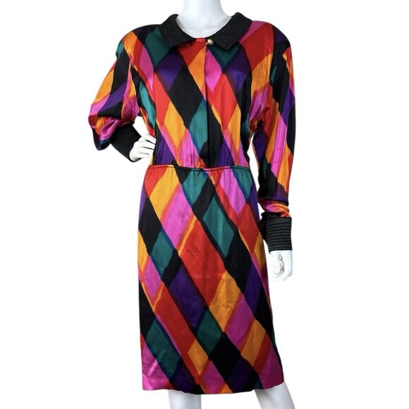 Vtg Louis Feraud Silk 80s Diamond Geo Print Cocktail Dress Multicolor Size US 10 - Picture 1 of 14